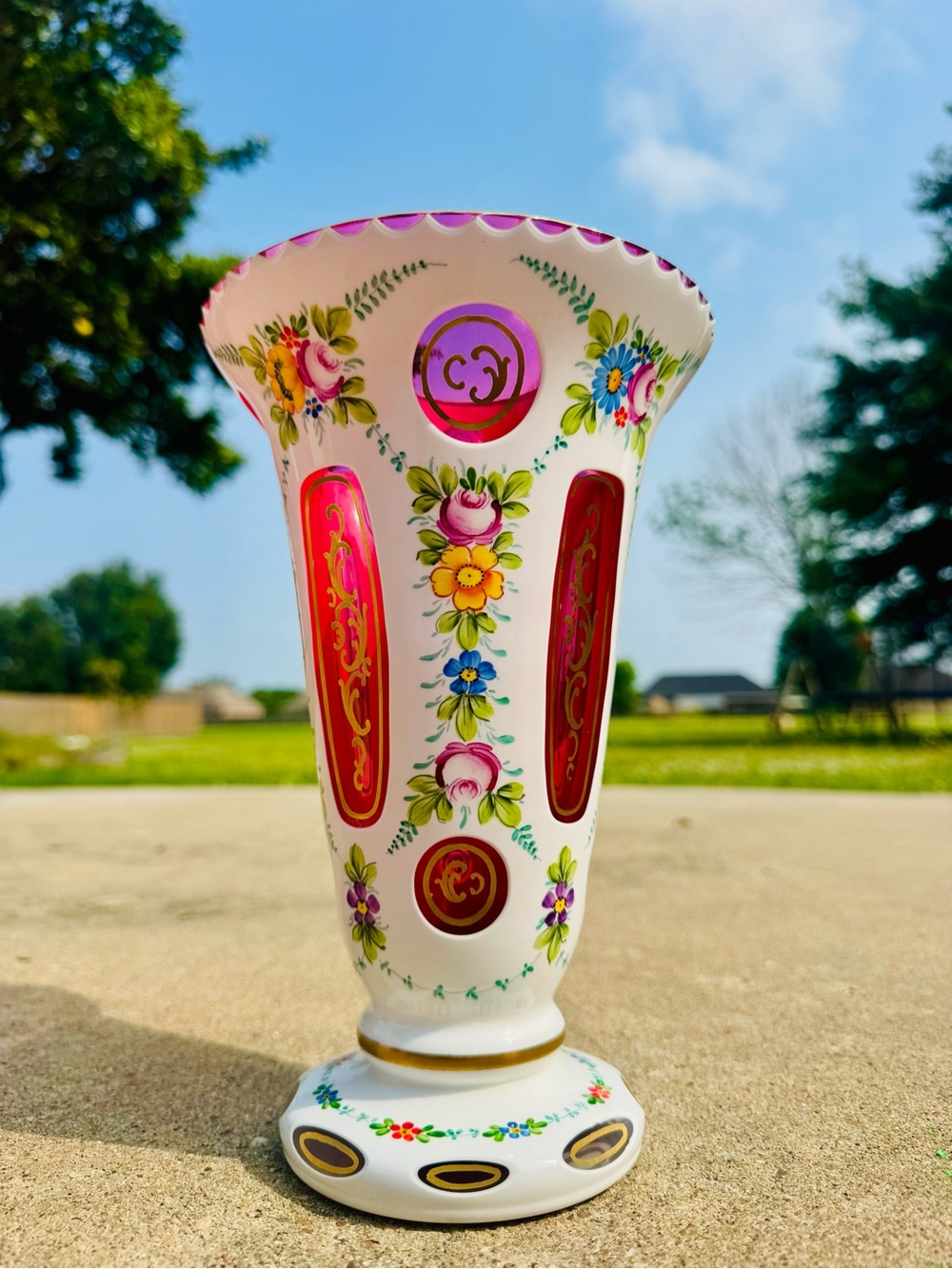 Czech Bohemian Hand Painted Cut to Red Glass White Overlay Vase excellent!